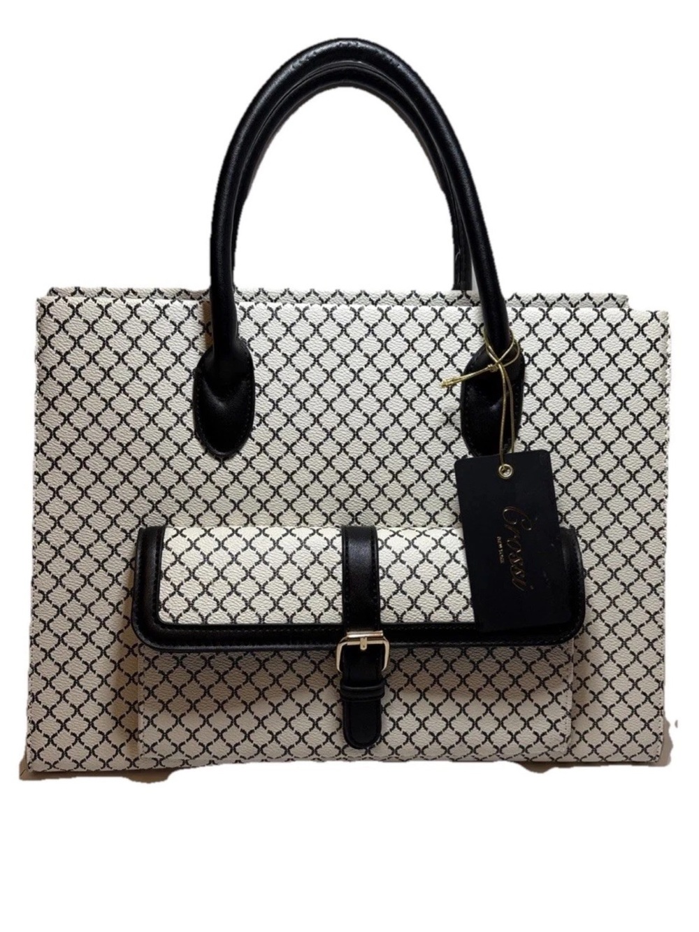 Crossi New York Ivory & Black Monogram Tote Satchel Purse NWT